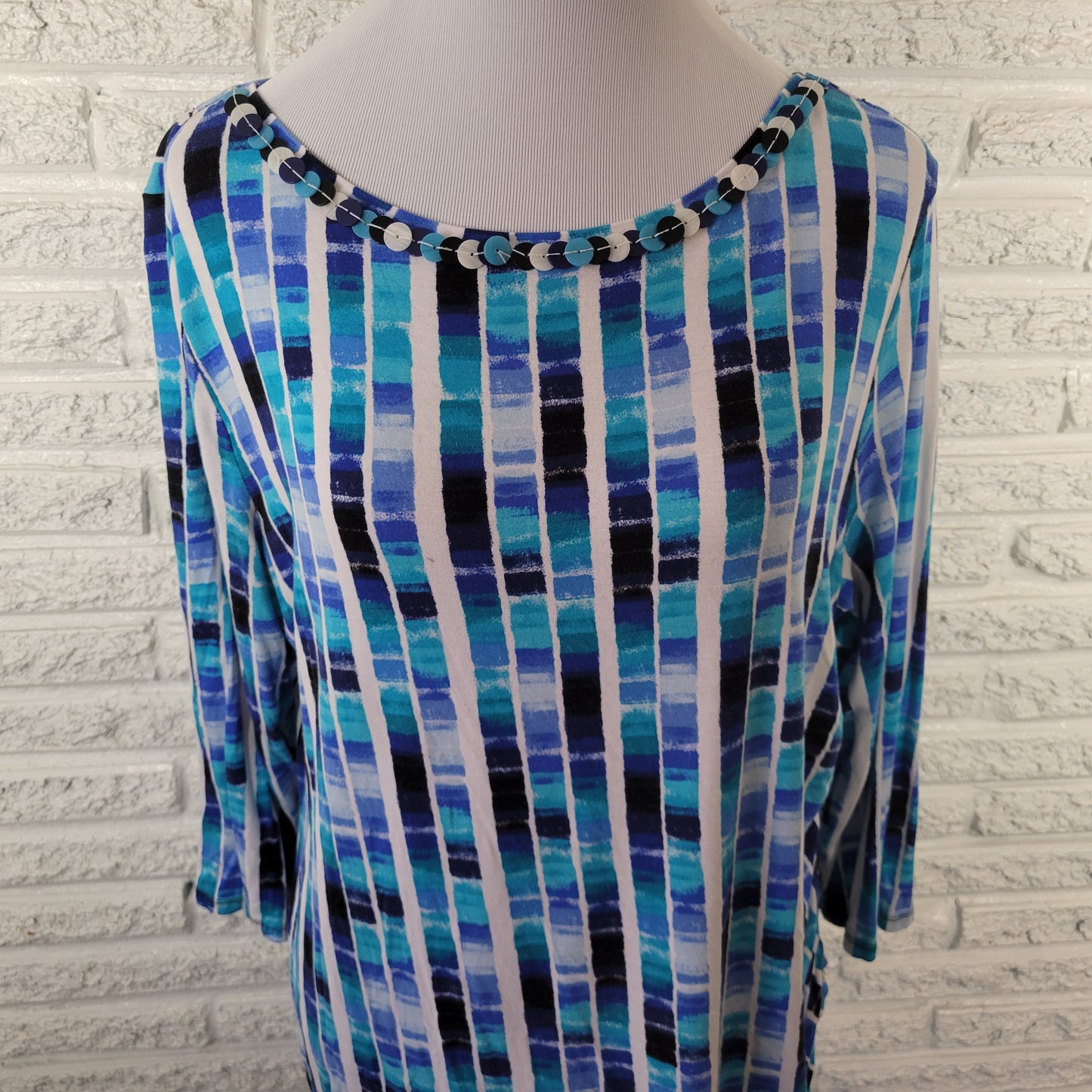 Ruby Rd. Women's XL Top Blue Watercolor Geometric Ruched Beaded GEO295E