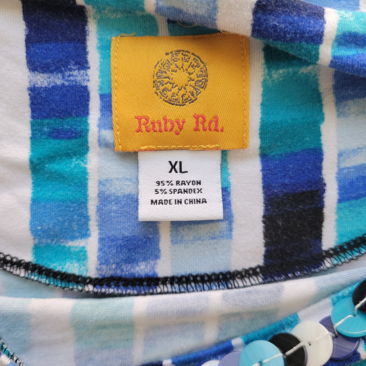 Ruby Rd. Women's XL Top Blue Watercolor Geometric Ruched Beaded GEO295E