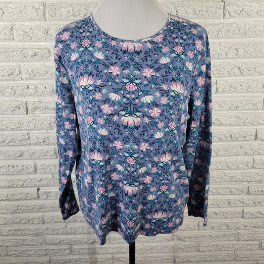Croft & Barrow Womens XL Blue Purple Floral Cotton Long Sleeve T-Shirt FLO311E