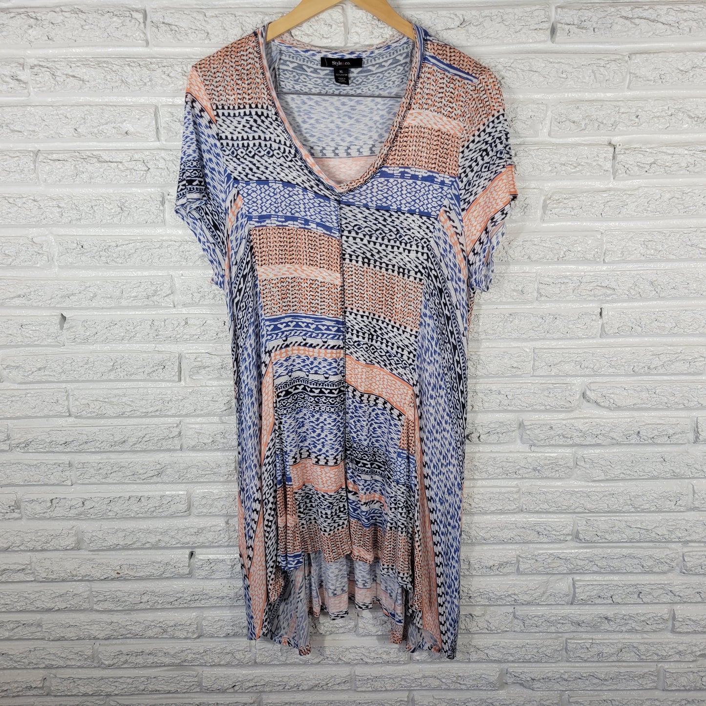 Style & Co Tunic/Dress XL Blue Orange Geometric V-Neck High-Low GEO80E