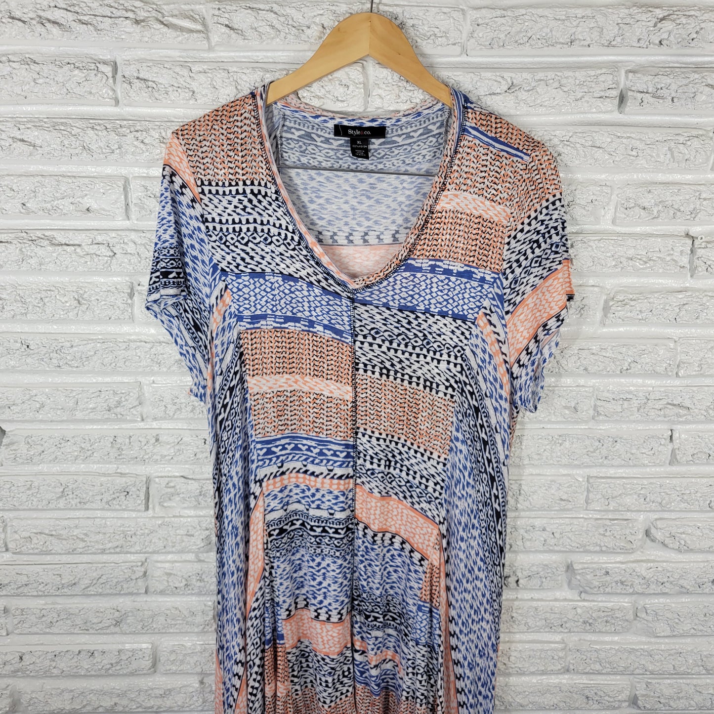 Style & Co Tunic/Dress XL Blue Orange Geometric V-Neck High-Low GEO80E