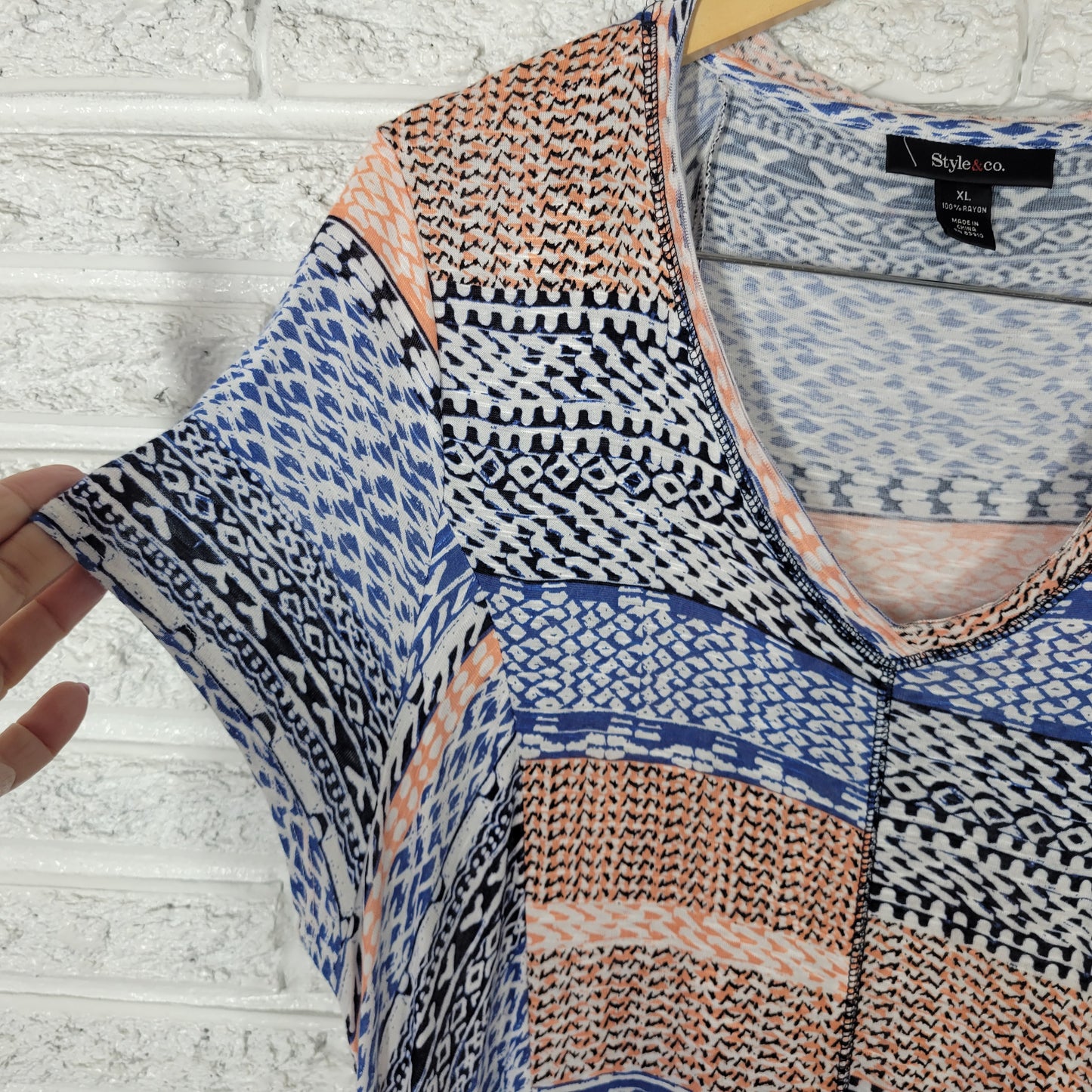 Style & Co Tunic/Dress XL Blue Orange Geometric V-Neck High-Low GEO80E