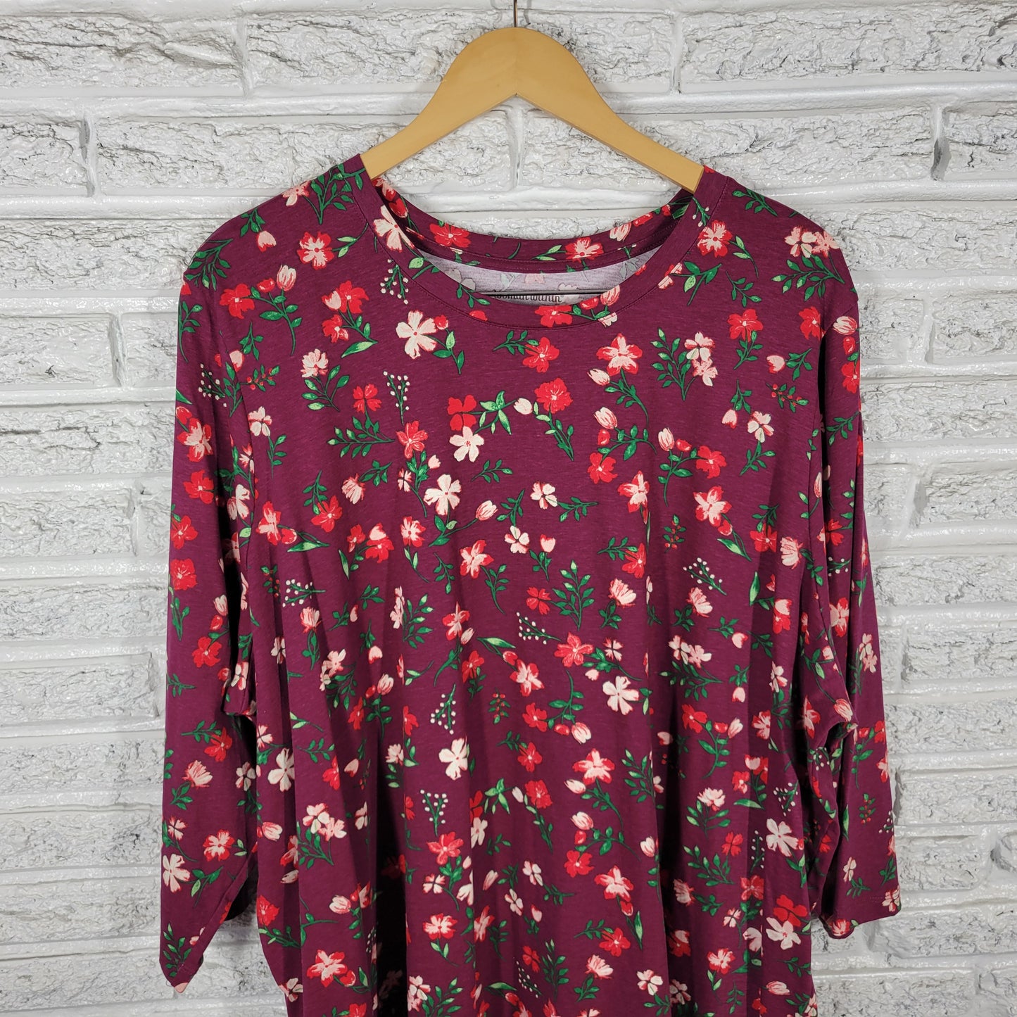 Woman Within 3X Tunic Women’s Burgundy Red Floral 100% Cotton 3/4 Sleeve FLO178E