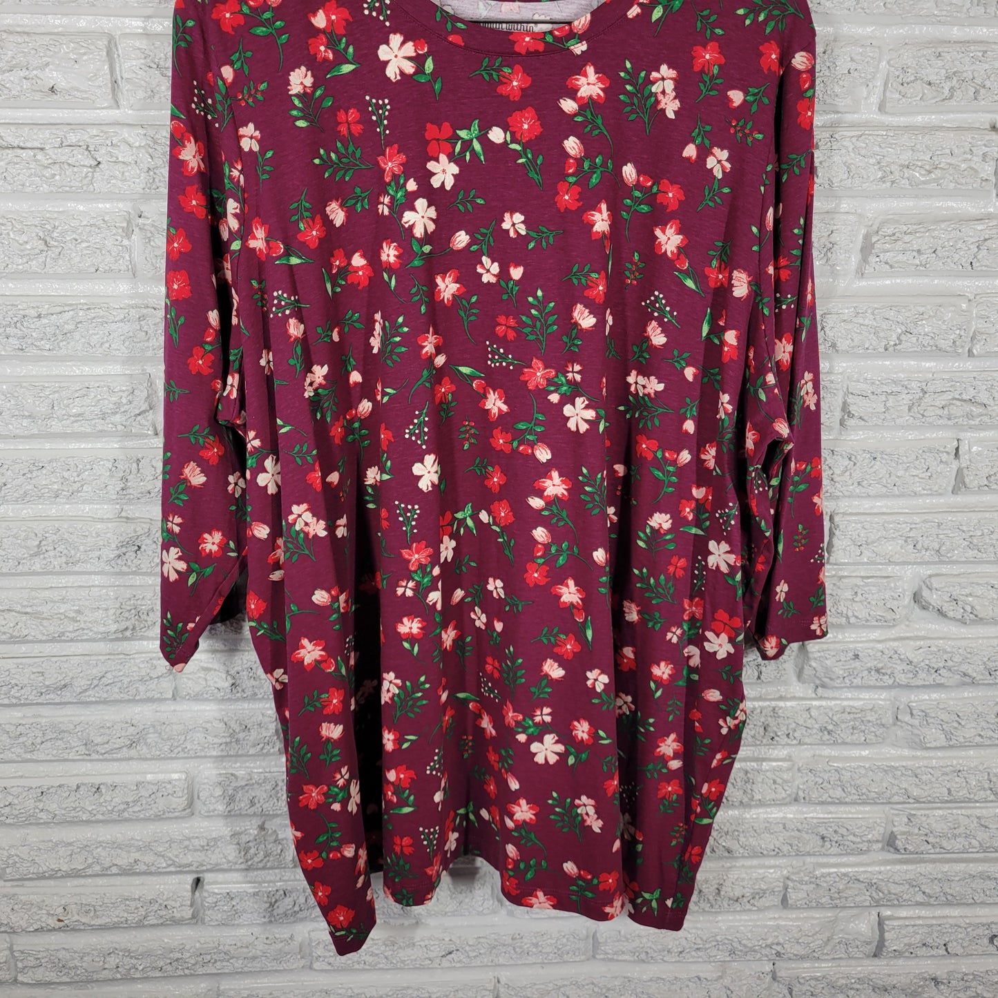 Woman Within 3X Tunic Women’s Burgundy Red Floral 100% Cotton 3/4 Sleeve FLO178E