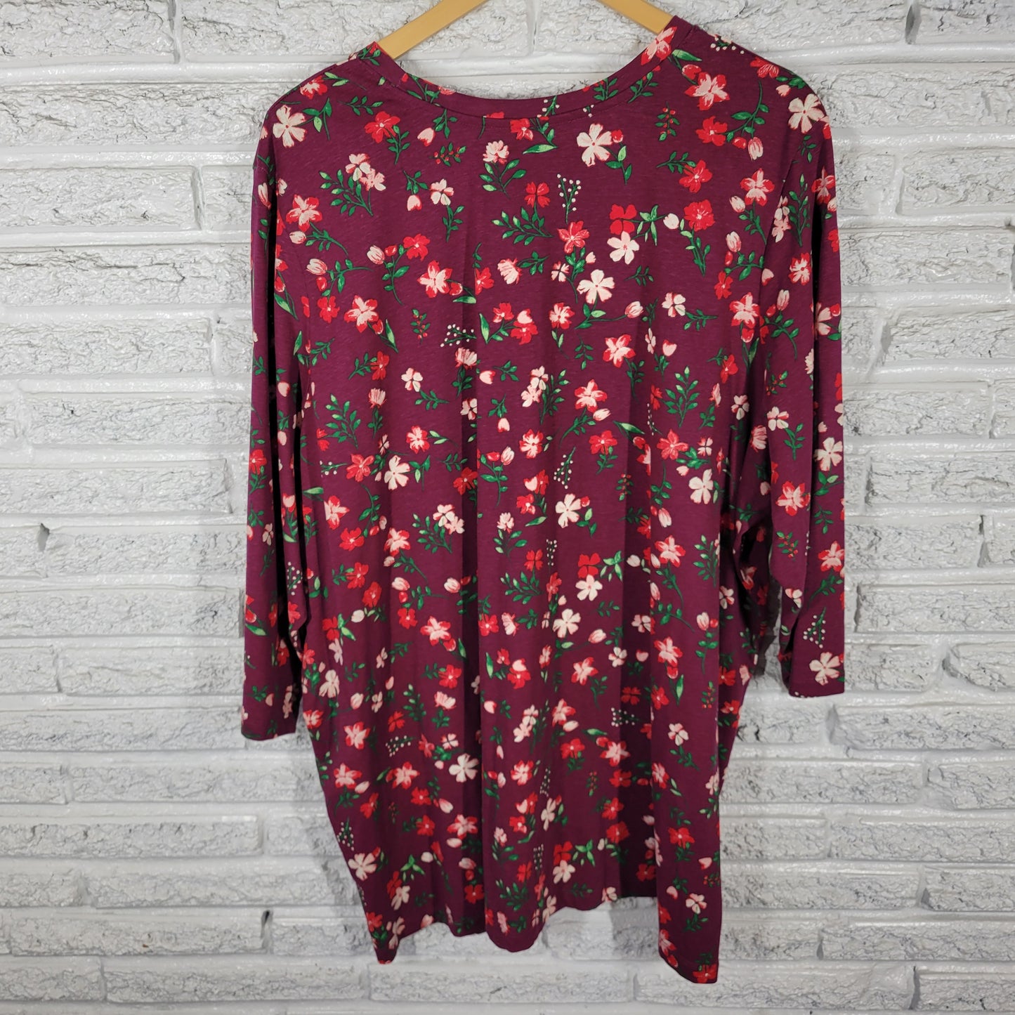 Woman Within 3X Tunic Women’s Burgundy Red Floral 100% Cotton 3/4 Sleeve FLO178E