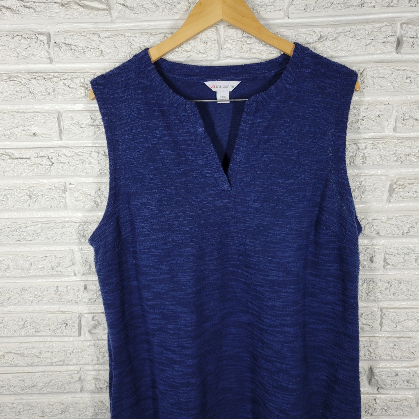Liz Claiborne P2XL Dress Blue V-Neck Sleeveless Textured Knit Side Slit BLU76E