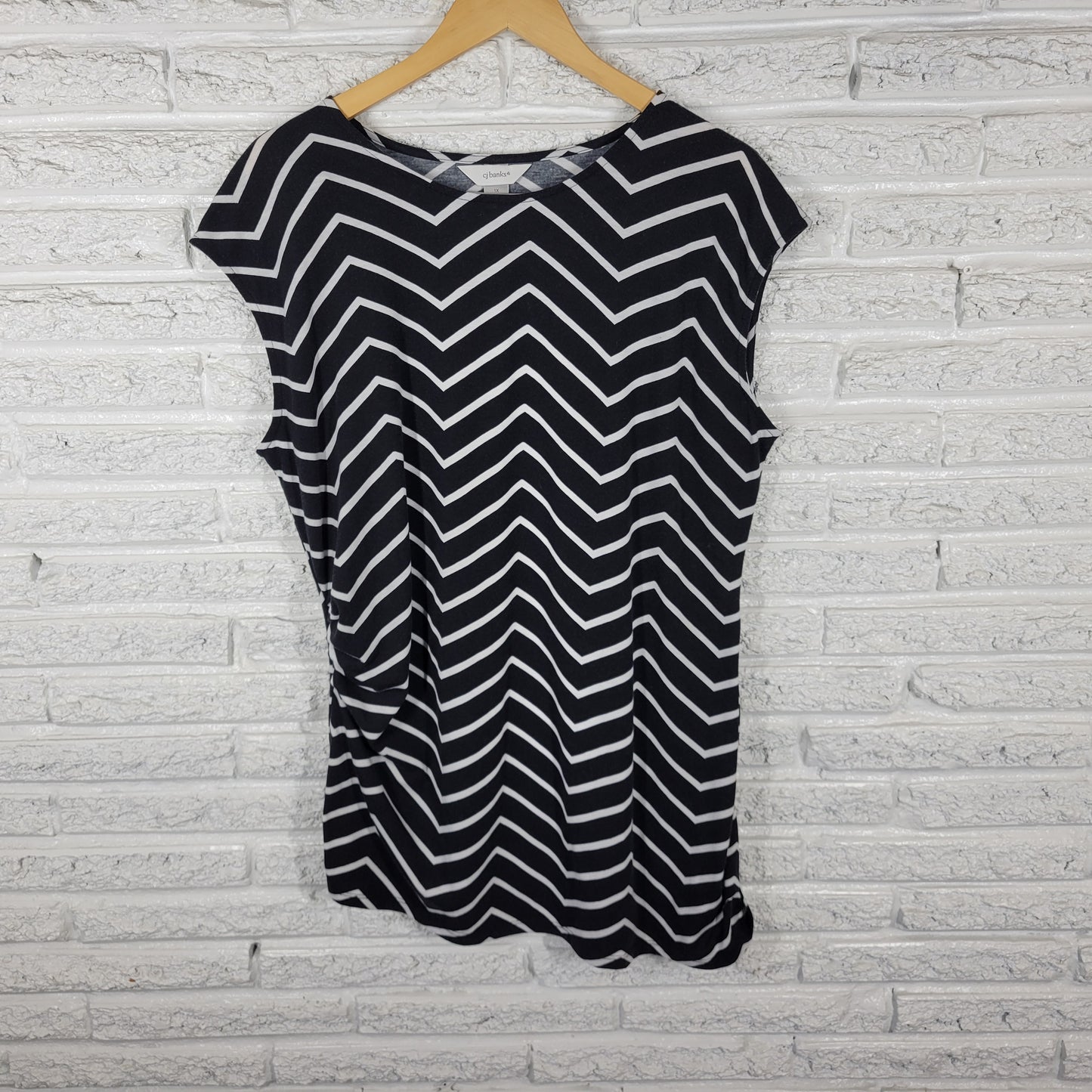 CJ Banks 1X Tunic Sleeveless Black White Striped Ruched Round Neck Plus STR2E