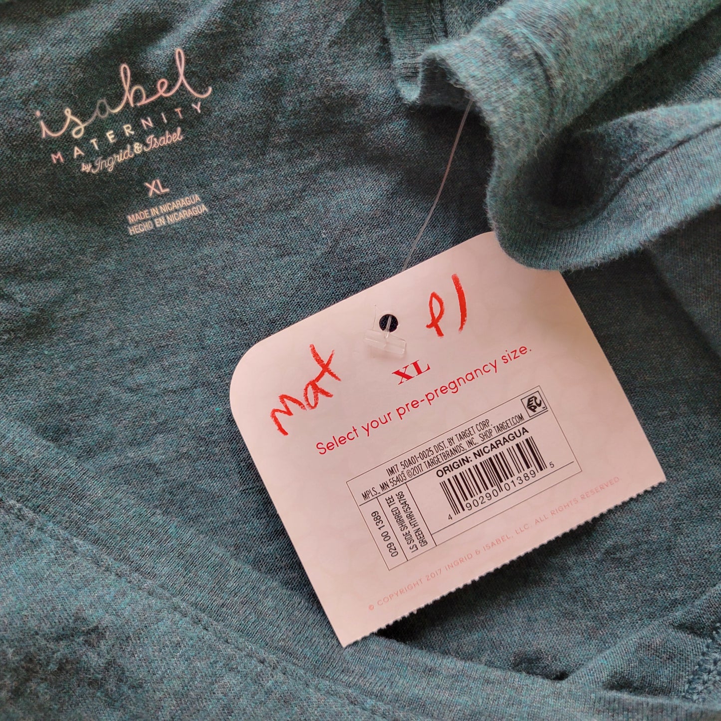 Ingrid & Isabel XL Maternity Tee Tunic Green Ruched Long Sleeve Scoop Neck GRE58