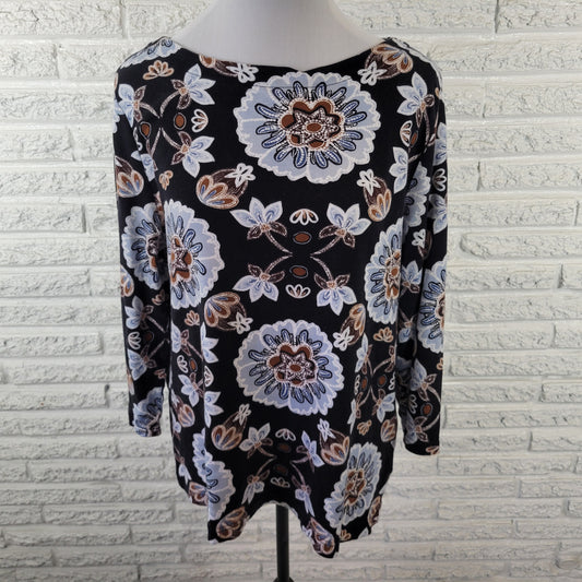 Croft & Barrow XL Top Black Blue Floral 100% Cotton 3/4 Sleeve Boat Neck FLO320E