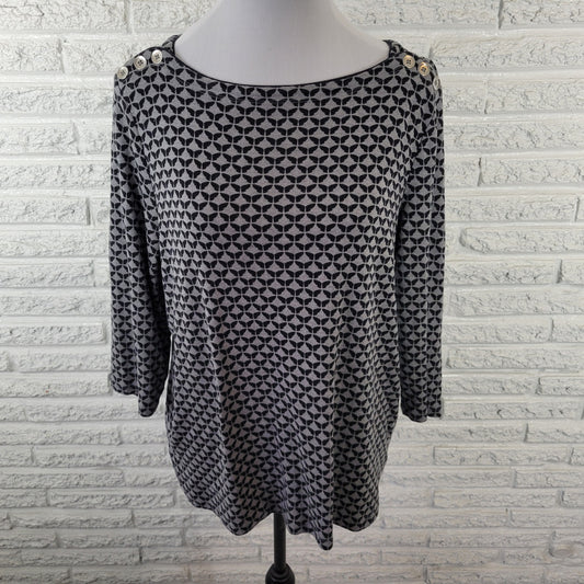 Croft & Barrow XL Top Black Gray Geometric Deco Button Accent 3/4 Sleeve GEO270E