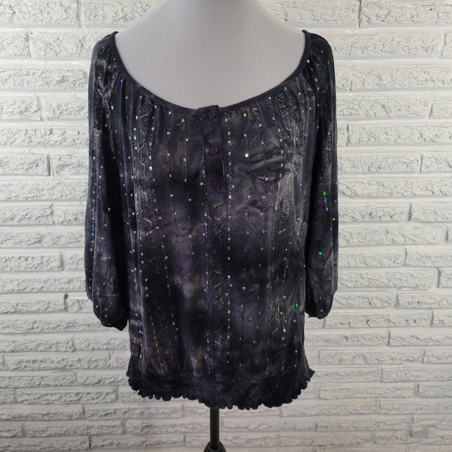 Dressbarn XL Peplum Top Black Sequin Embroidered 3/4 Sleeve Plus Size BLA155E