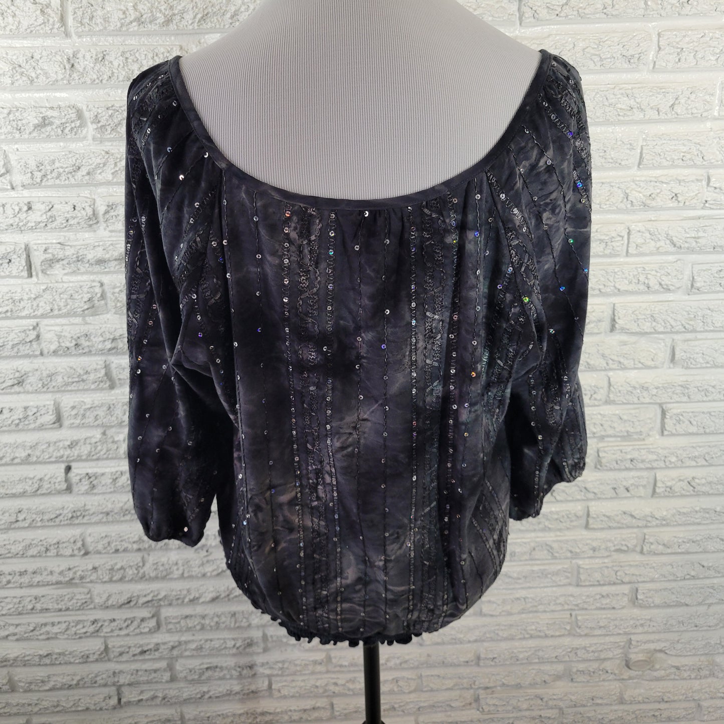 Dressbarn XL Peplum Top Black Sequin Embroidered 3/4 Sleeve Plus Size BLA155E