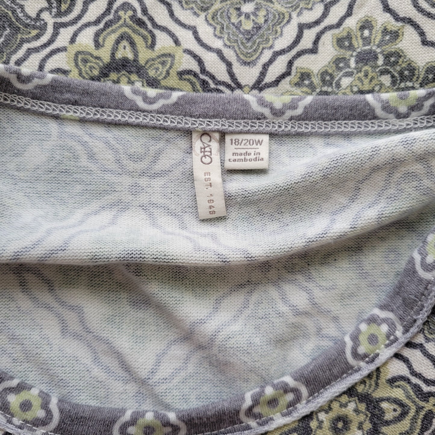 Cato Est 1946 Tunic 18W 20W Gray Green Geometric Long Raglan Sleeve GEO71XE