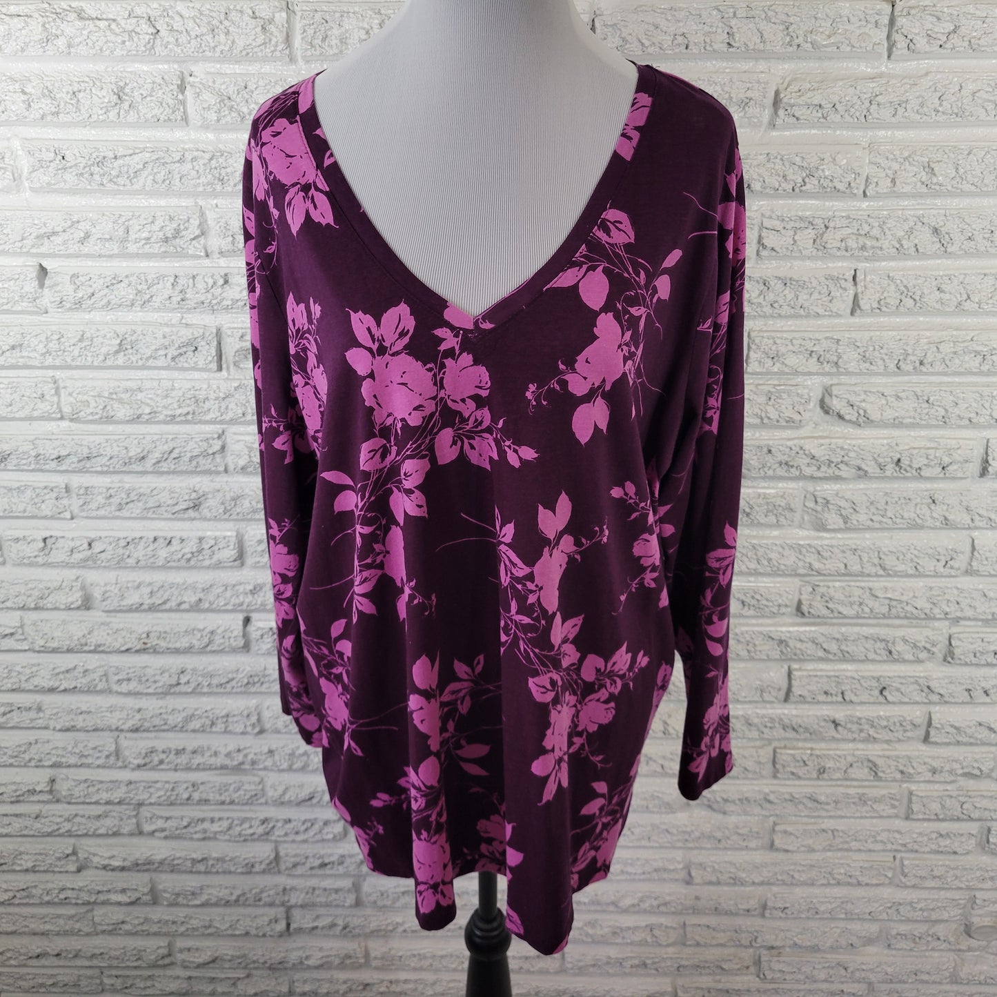 Roamans 1X Women’s Top Purple Floral Cotton Blouse Long Sleeve V-Neck FLO269E