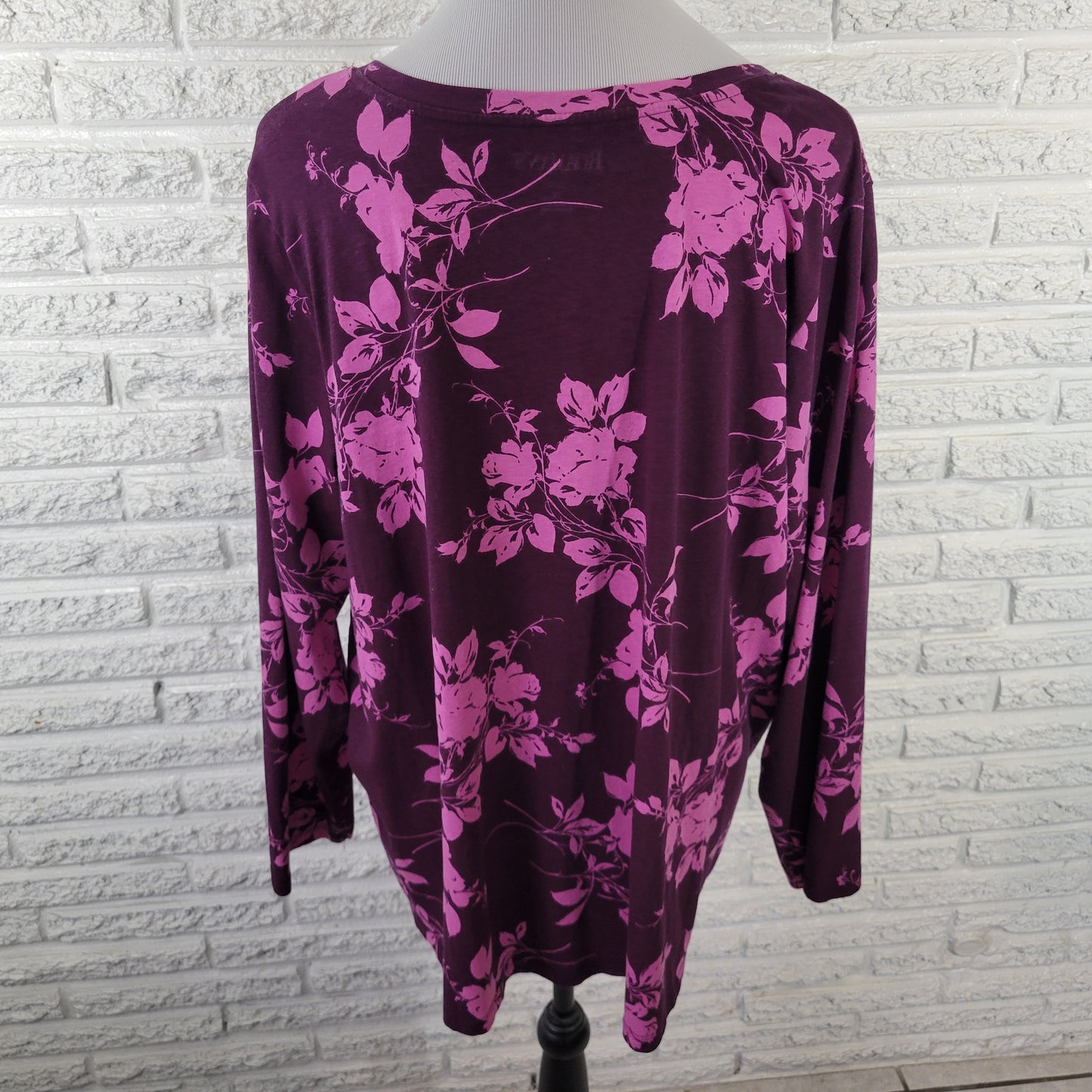 Roamans 1X Women’s Top Purple Floral Cotton Blouse Long Sleeve V-Neck FLO269E