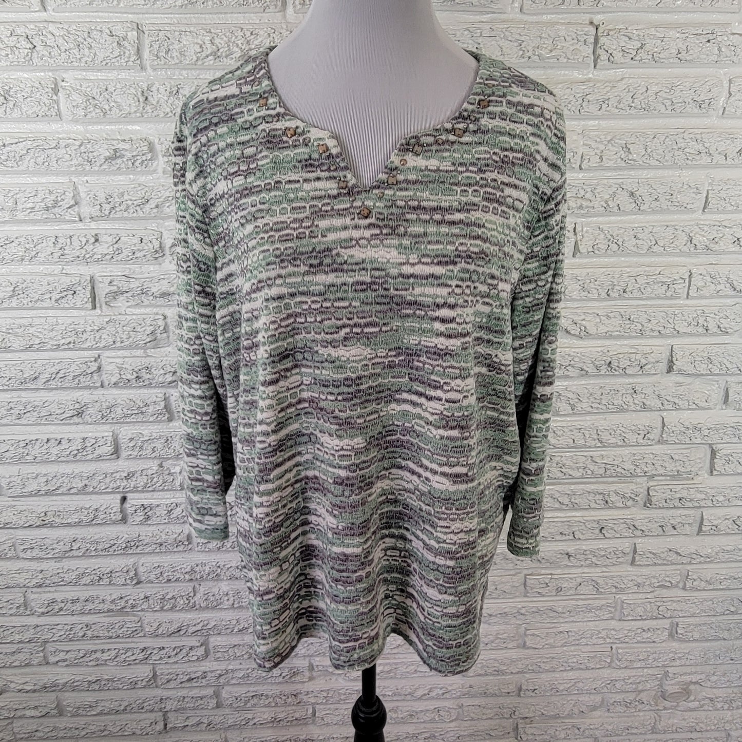 Alfred Dunner Women's 2X Sweater Green Gray Geometric Studded 3/4 Sleeve GEO148E