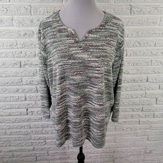 Alfred Dunner Women's 2X Sweater Green Gray Geometric Studded 3/4 Sleeve GEO148E