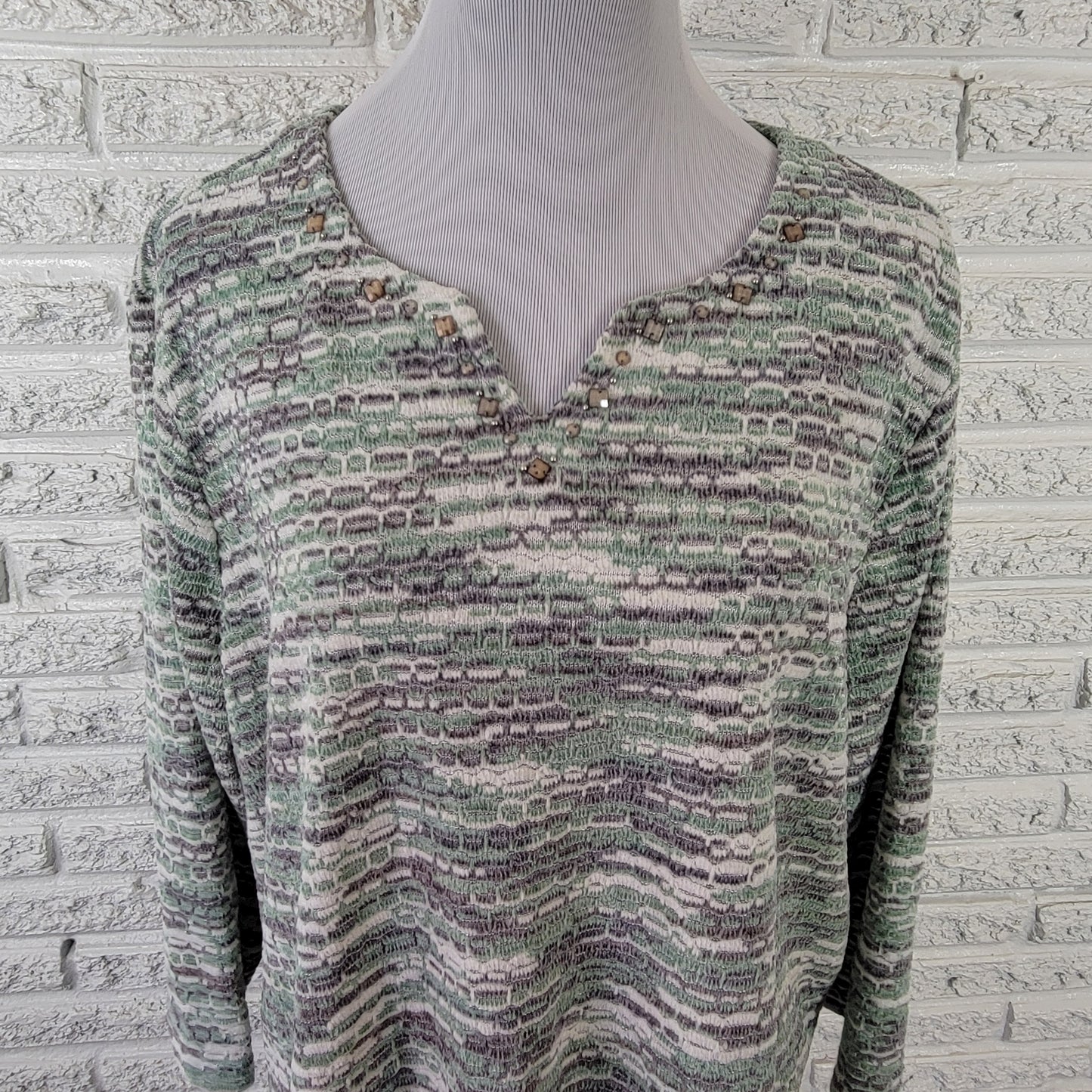 Alfred Dunner Women's 2X Sweater Green Gray Geometric Studded 3/4 Sleeve GEO148E