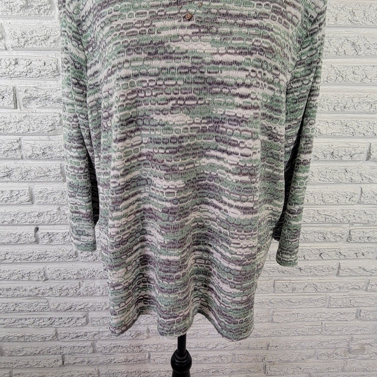 Alfred Dunner Women's 2X Sweater Green Gray Geometric Studded 3/4 Sleeve GEO148E