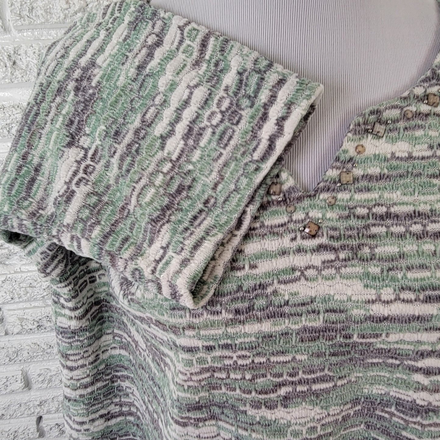 Alfred Dunner Women's 2X Sweater Green Gray Geometric Studded 3/4 Sleeve GEO148E