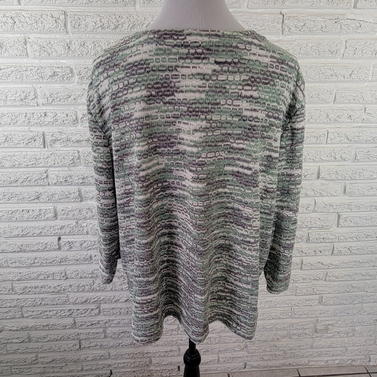 Alfred Dunner Women's 2X Sweater Green Gray Geometric Studded 3/4 Sleeve GEO148E