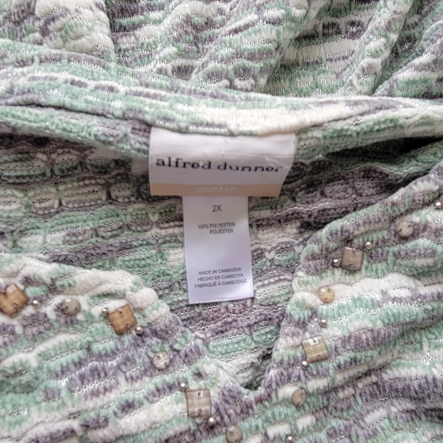 Alfred Dunner Women's 2X Sweater Green Gray Geometric Studded 3/4 Sleeve GEO148E
