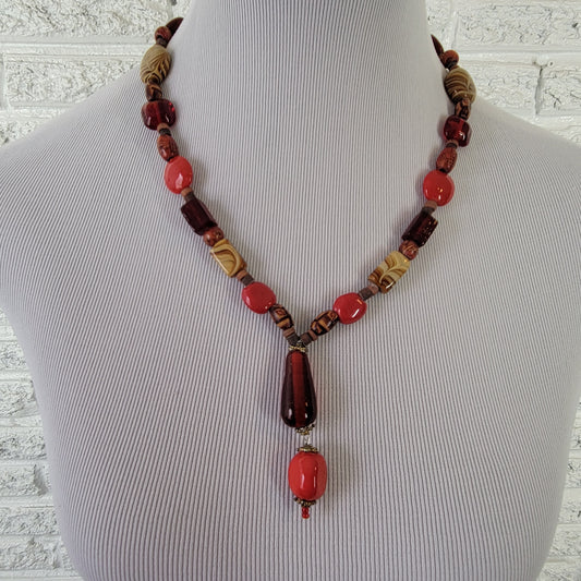 Boho Red Glass & Wood Beaded Statement Necklace 21" Artisan Earth Tone Drop N1E