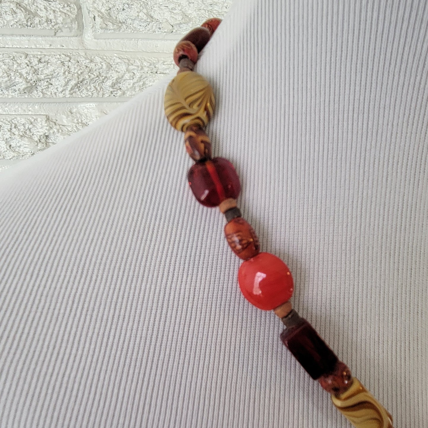 Boho Red Glass & Wood Beaded Statement Necklace 21" Artisan Earth Tone Drop N1E