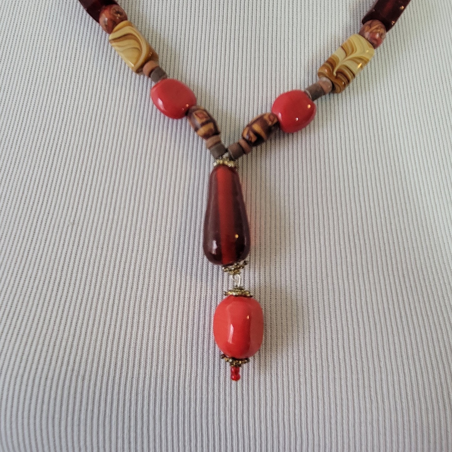 Boho Red Glass & Wood Beaded Statement Necklace 21" Artisan Earth Tone Drop N1E