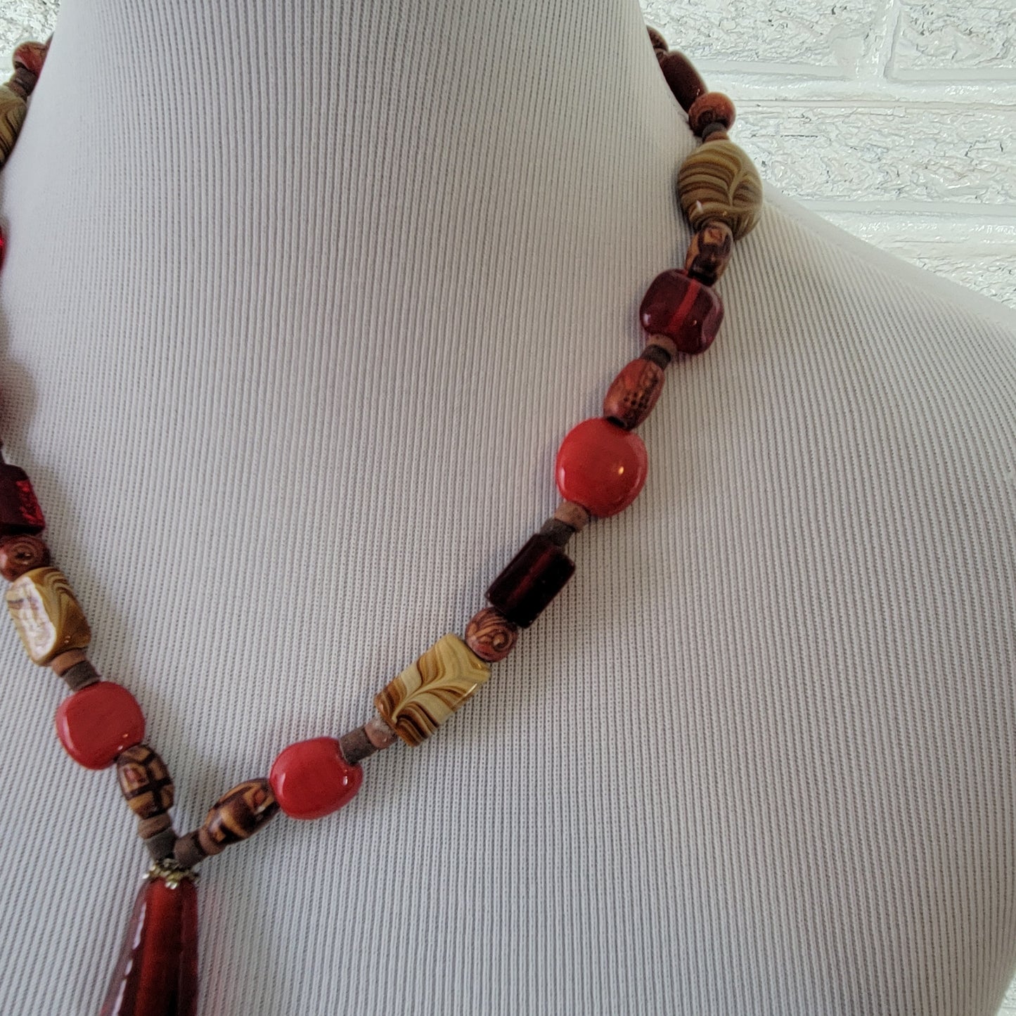 Boho Red Glass & Wood Beaded Statement Necklace 21" Artisan Earth Tone Drop N1E