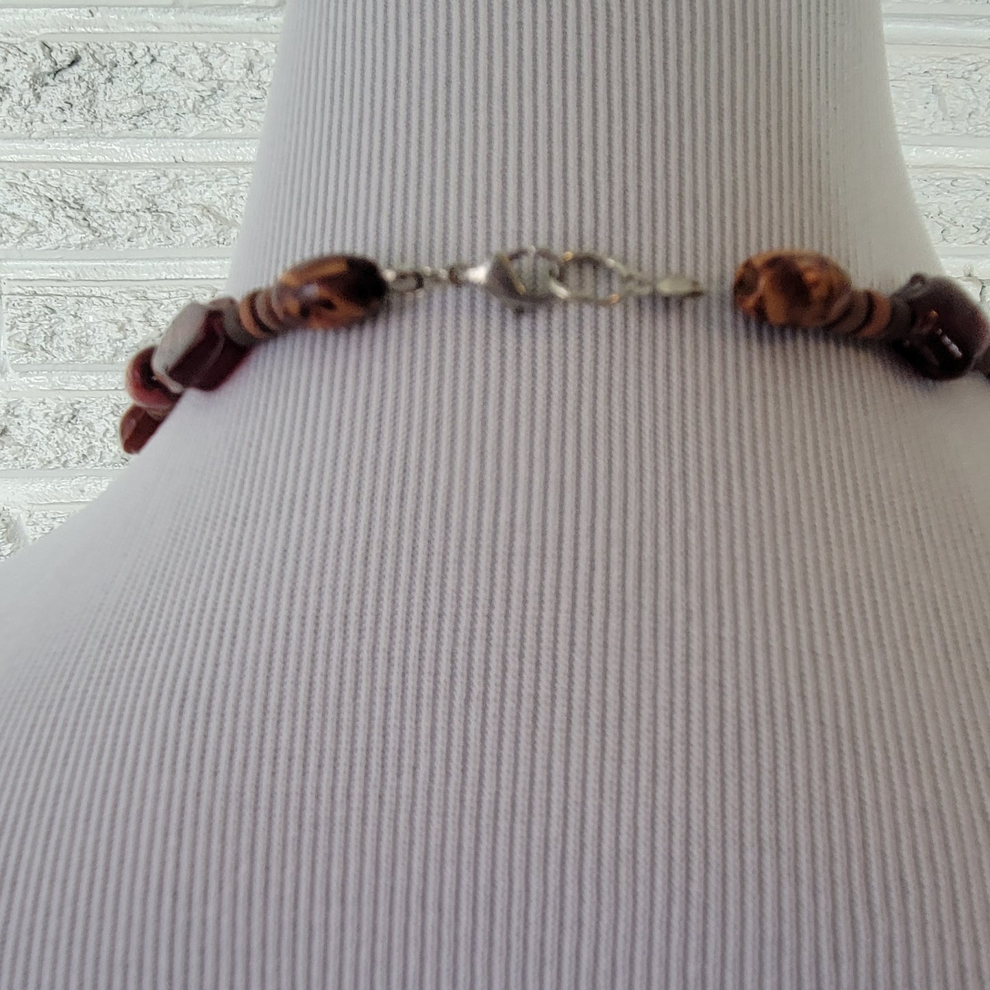 Boho Red Glass & Wood Beaded Statement Necklace 21" Artisan Earth Tone Drop N1E