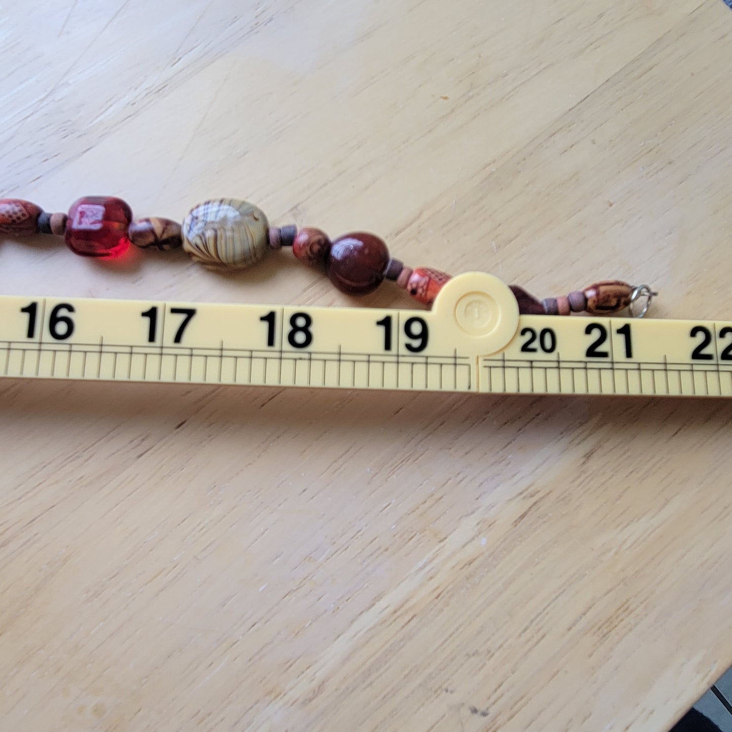 Boho Red Glass & Wood Beaded Statement Necklace 21" Artisan Earth Tone Drop N1E