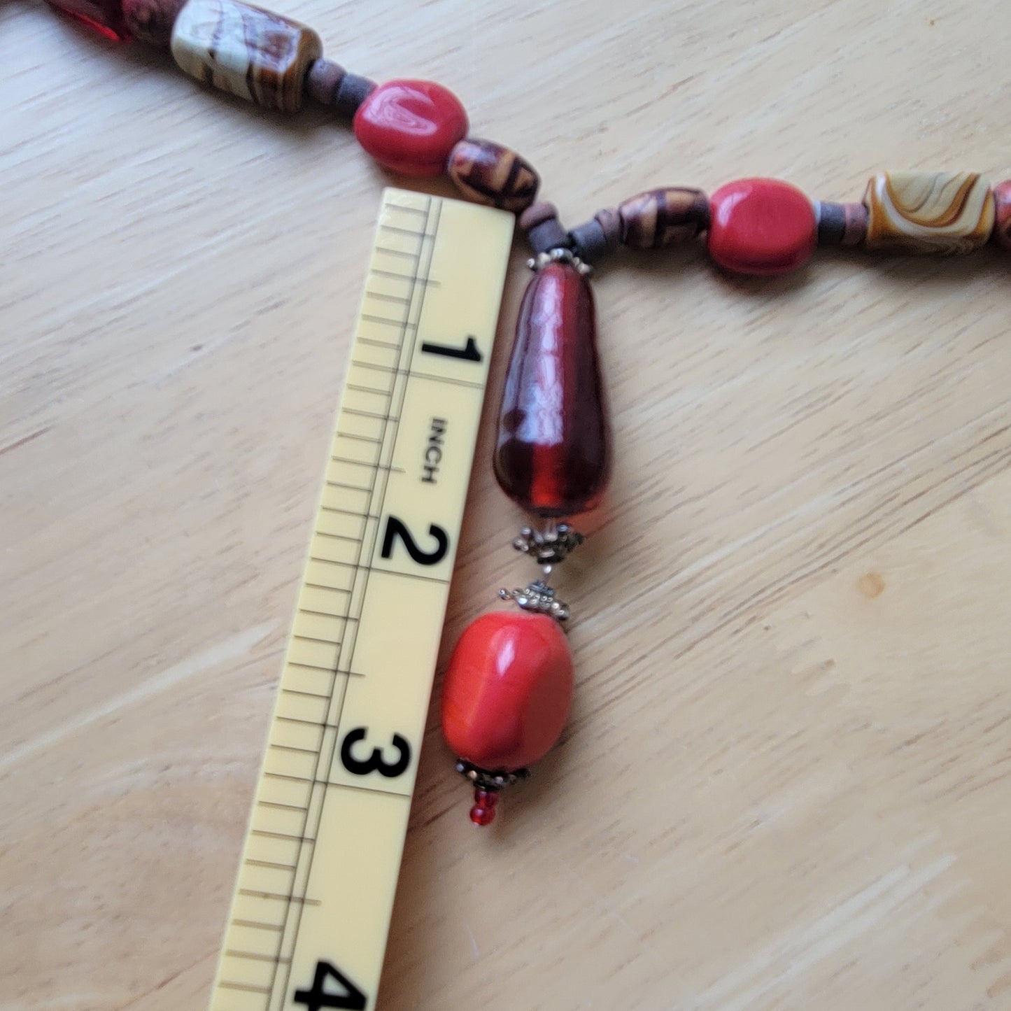 Boho Red Glass & Wood Beaded Statement Necklace 21" Artisan Earth Tone Drop N1E