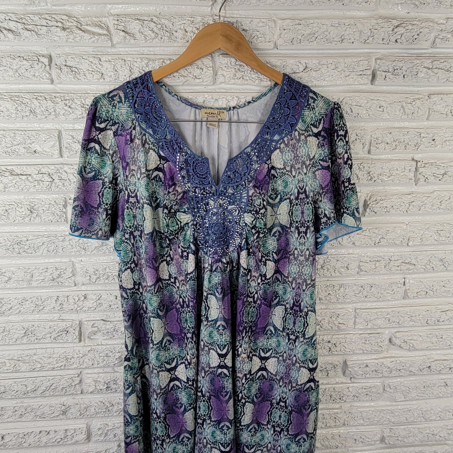 One World Live Let Live Women's 2X Mini Dress Blue Purple Animal Print ANI46E