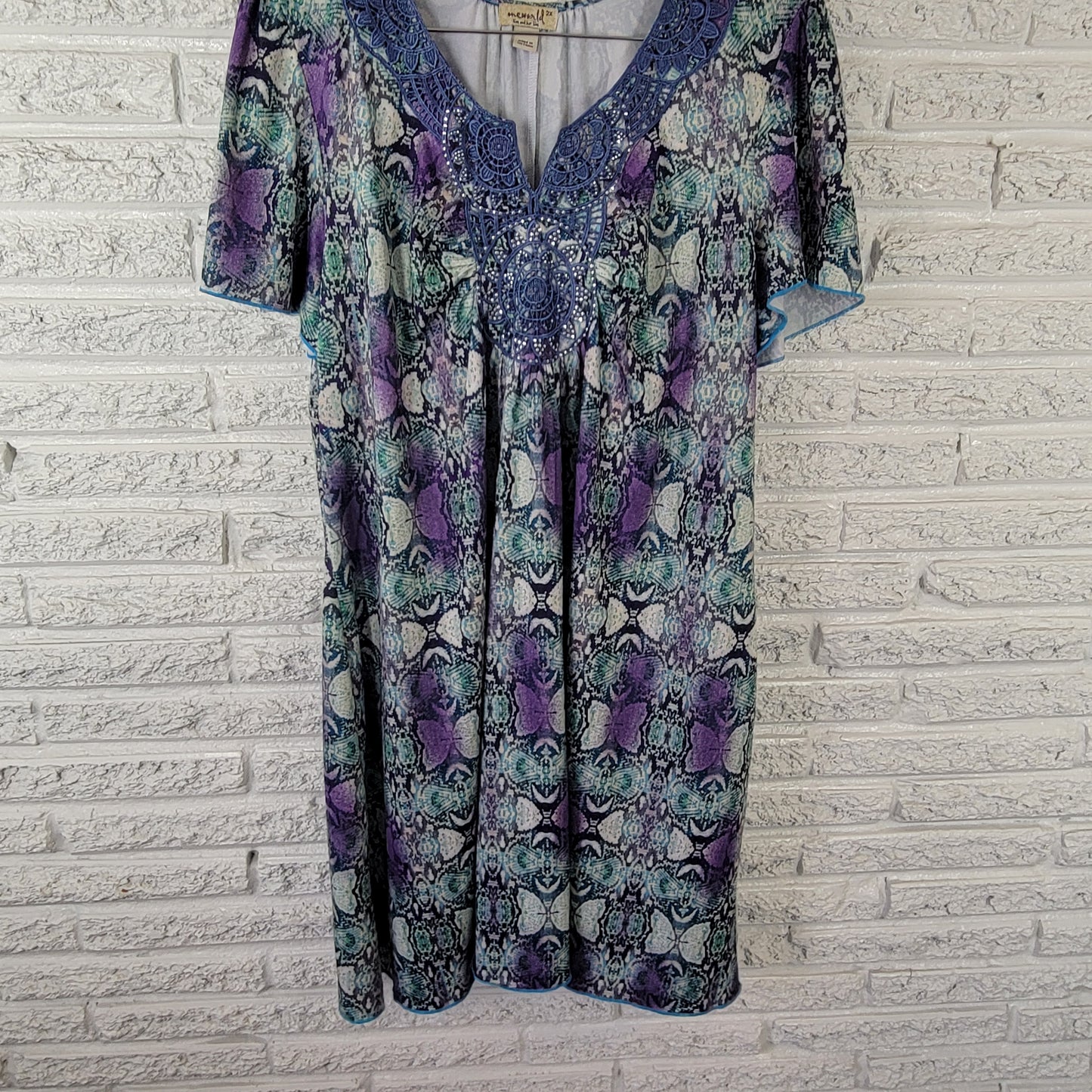 One World Live Let Live Women's 2X Mini Dress Blue Purple Animal Print ANI46E