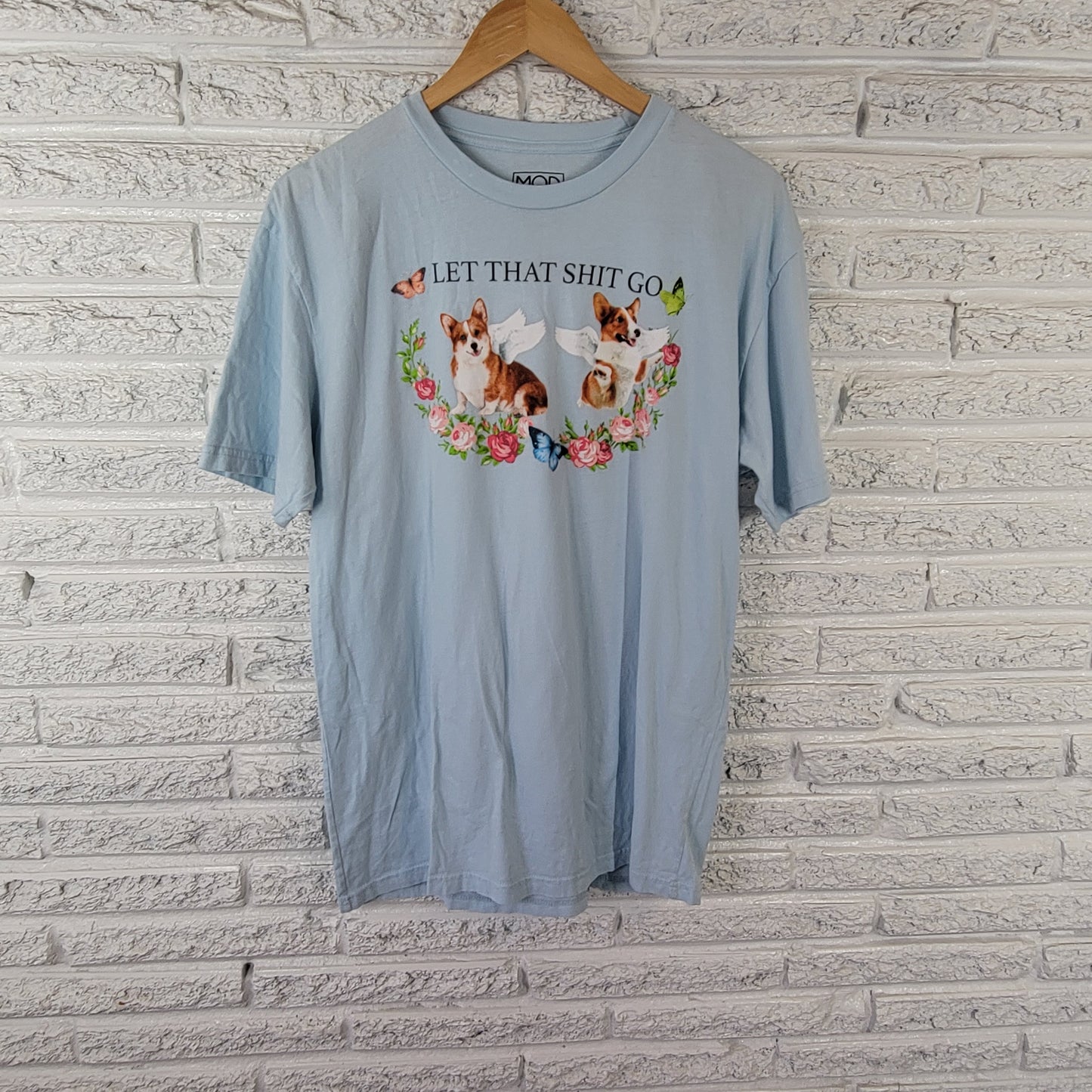 Modern Lux Women's XL T-Shirt Blue Corgi Dogs Angels Graphic Tee Cotton NOV17E