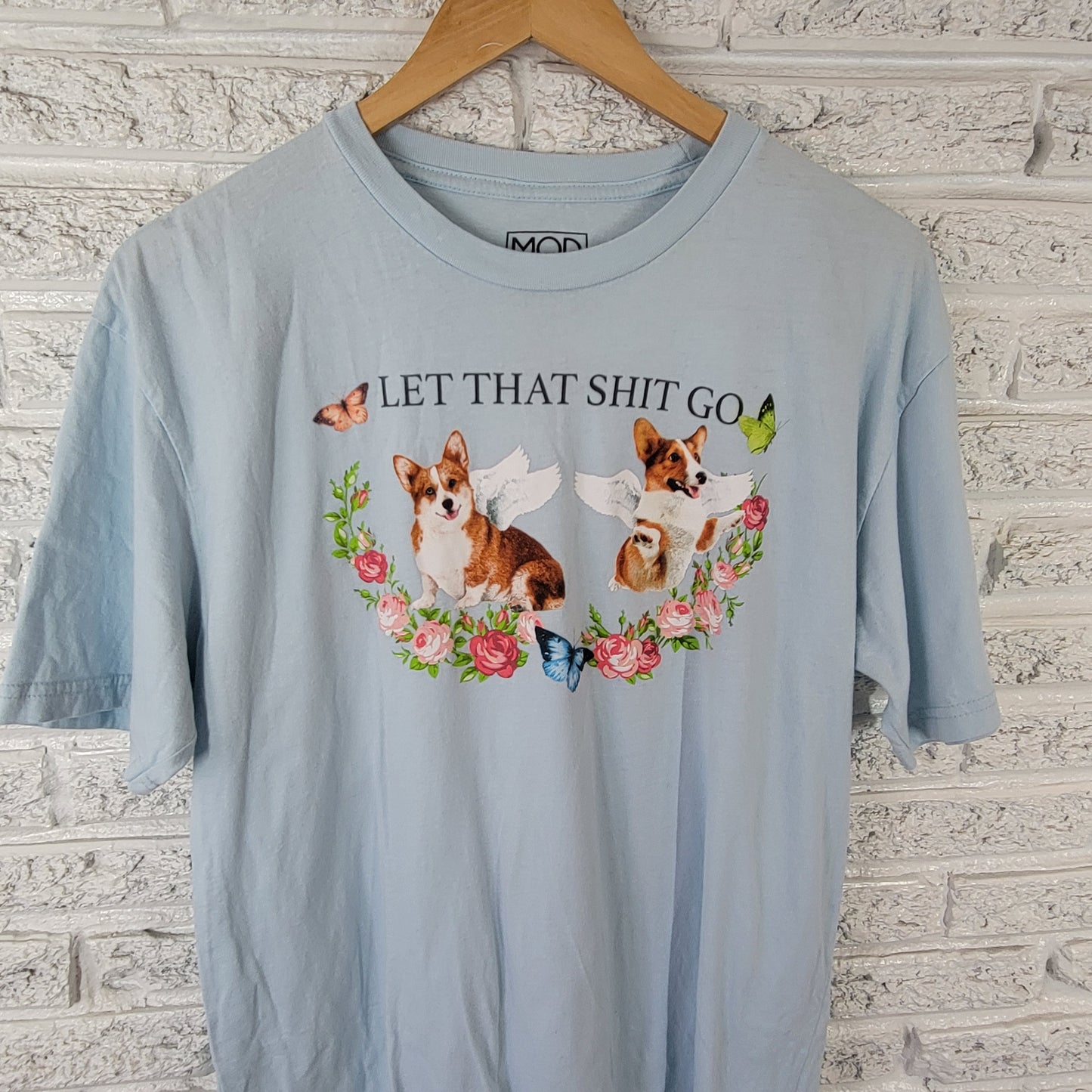 Modern Lux Women's XL T-Shirt Blue Corgi Dogs Angels Graphic Tee Cotton NOV17E
