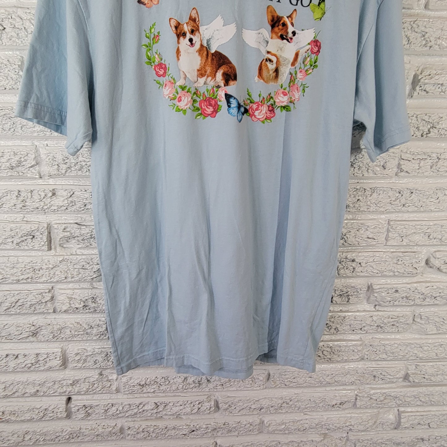 Modern Lux Women's XL T-Shirt Blue Corgi Dogs Angels Graphic Tee Cotton NOV17E