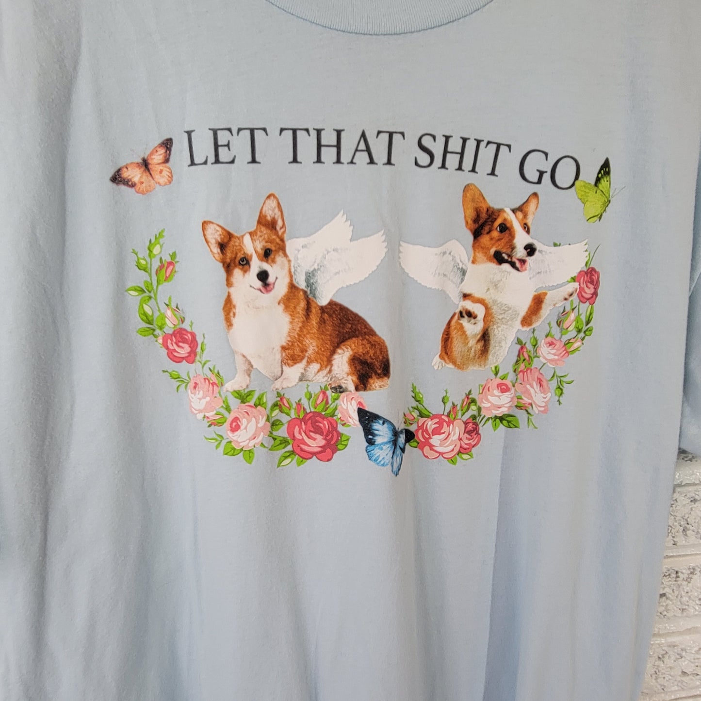 Modern Lux Women's XL T-Shirt Blue Corgi Dogs Angels Graphic Tee Cotton NOV17E