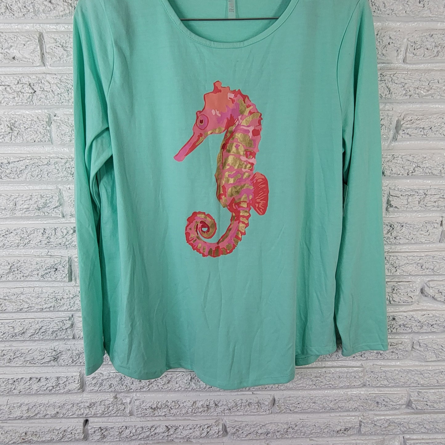 Silverwear Women's XL T-Shirt Teal Blue Seahorse Graphic Tee Nature BLU136E