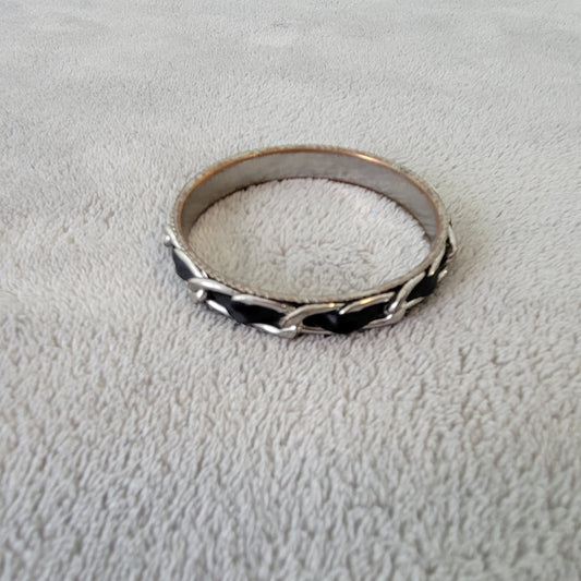 Silver Tone Chain Link Bangle Bracelet with Black Fabric Inlay 2.5" Diameter B1E