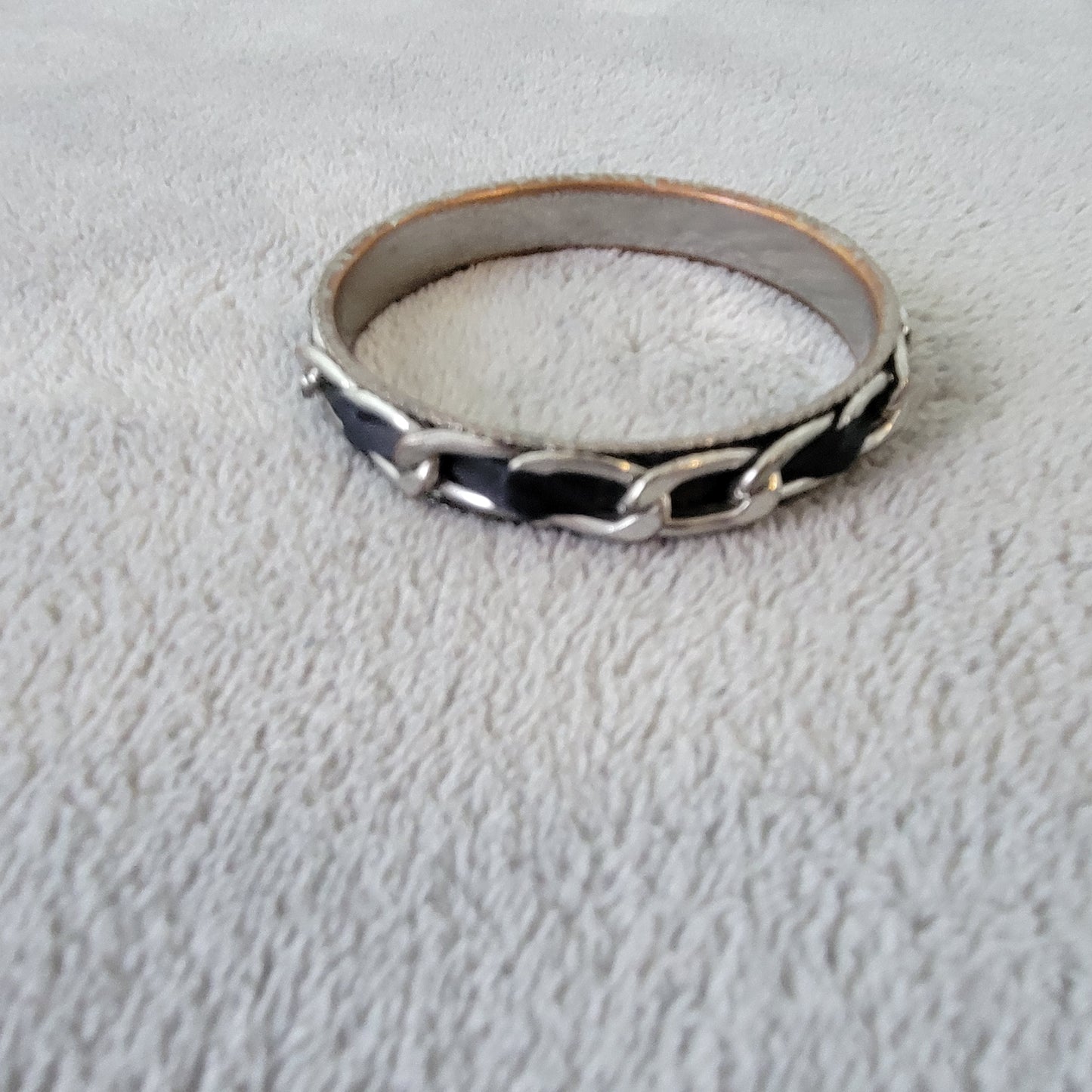 Silver Tone Chain Link Bangle Bracelet with Black Fabric Inlay 2.5" Diameter B1E