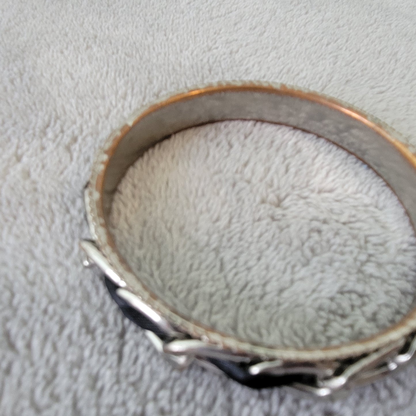 Silver Tone Chain Link Bangle Bracelet with Black Fabric Inlay 2.5" Diameter B1E