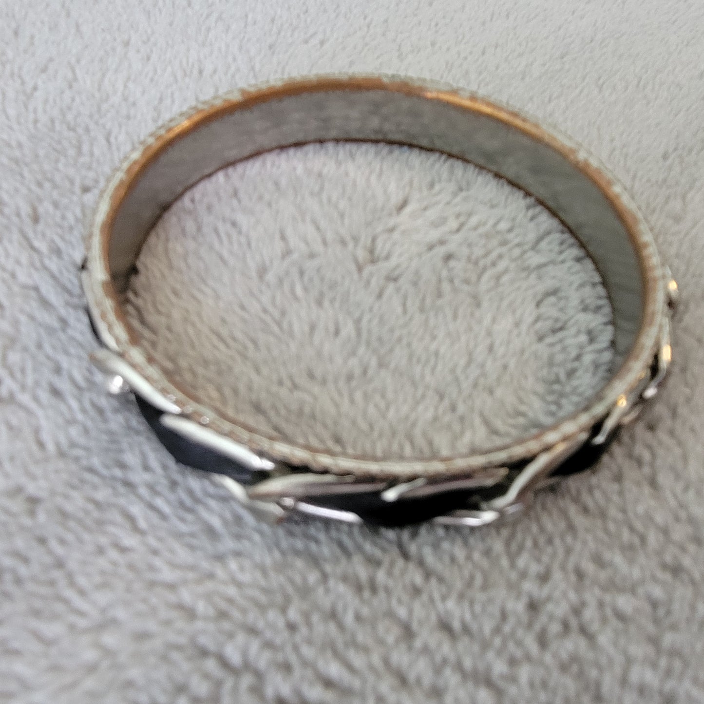 Silver Tone Chain Link Bangle Bracelet with Black Fabric Inlay 2.5" Diameter B1E