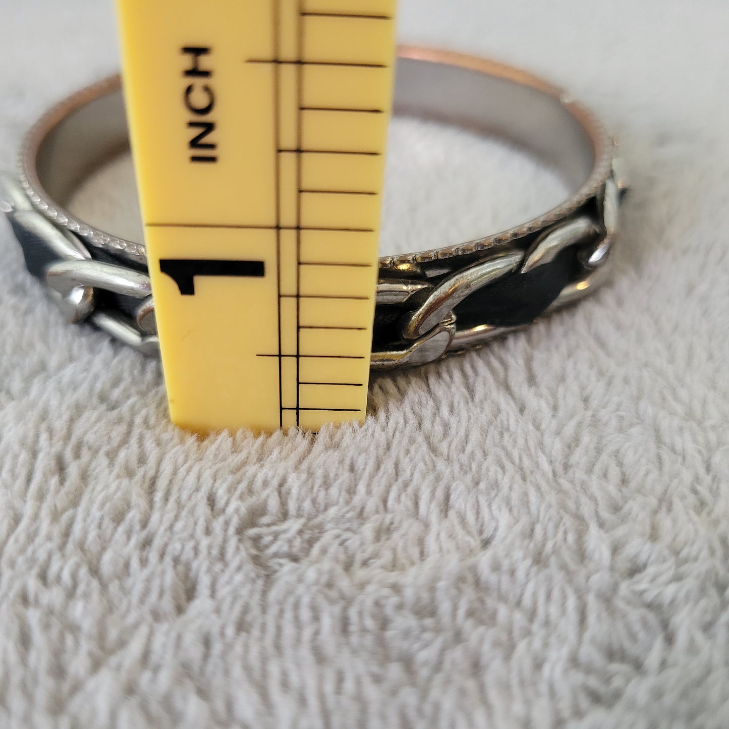 Silver Tone Chain Link Bangle Bracelet with Black Fabric Inlay 2.5" Diameter B1E