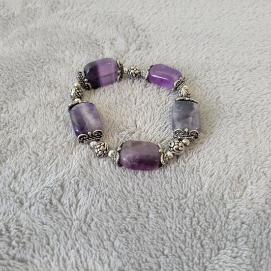 Purple Semi Precious Stone Stretch Bracelet Ornate Silver Tone Beads Boho 7" B2E