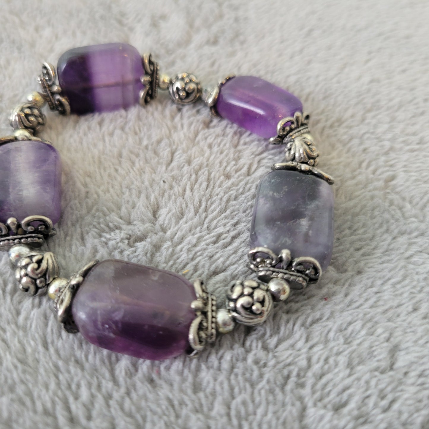 Purple Semi Precious Stone Stretch Bracelet Ornate Silver Tone Beads Boho 7" B2E
