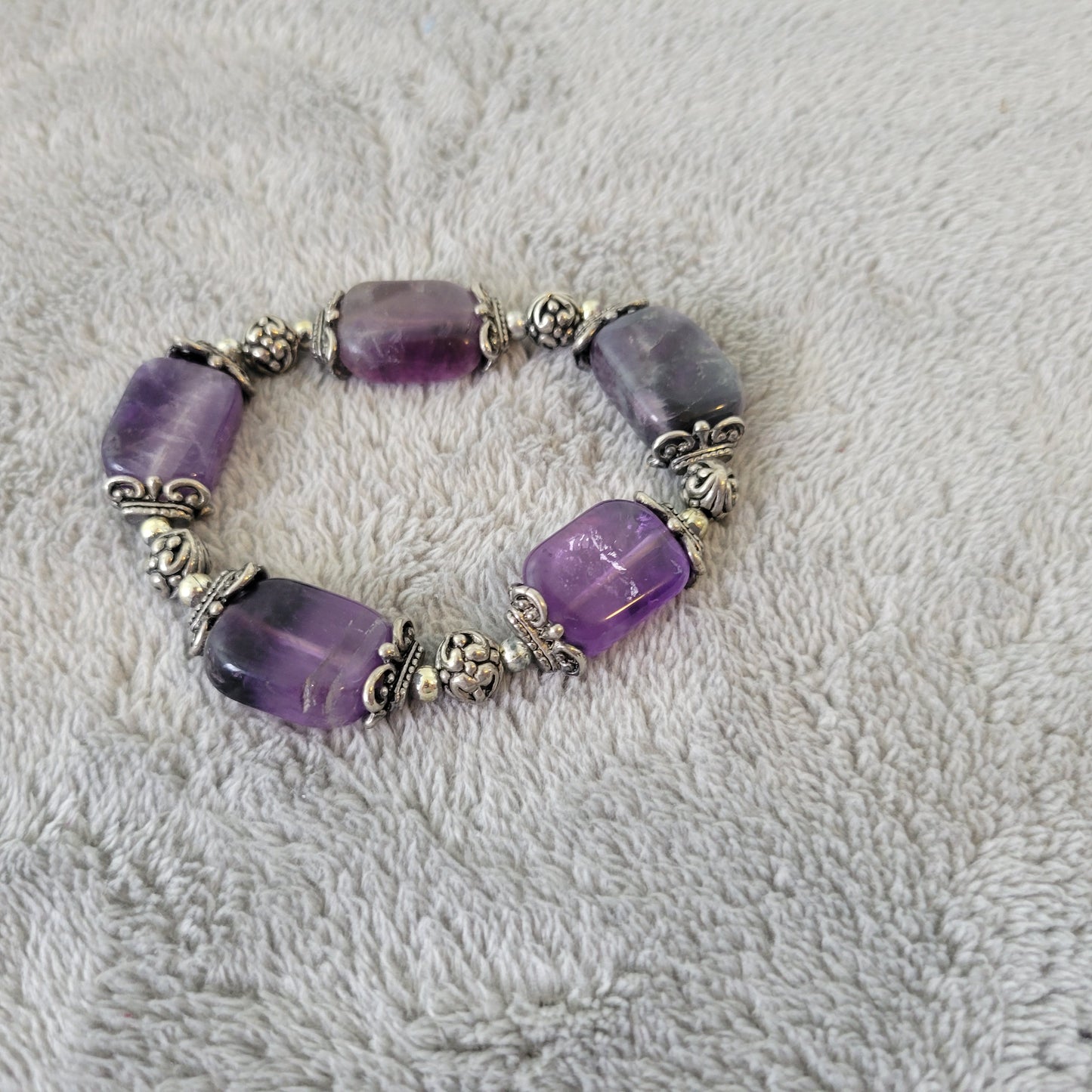 Purple Semi Precious Stone Stretch Bracelet Ornate Silver Tone Beads Boho 7" B2E