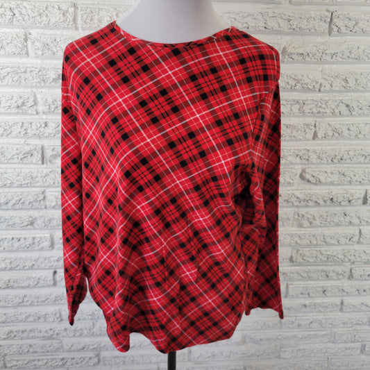 Croft & Barrow Women XXL Tee Red Black Plaid 100% Cotton Long Sleeve PLA10E