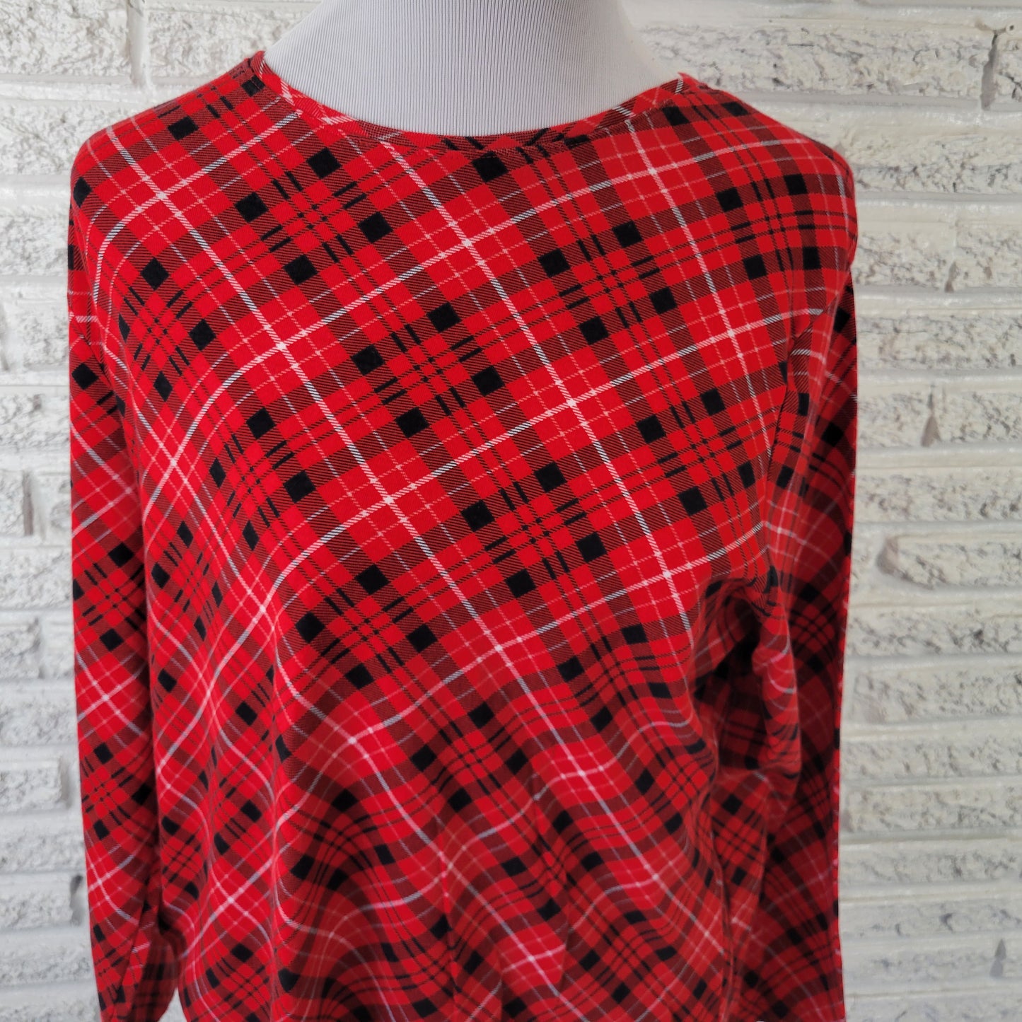 Croft & Barrow Women XXL Tee Red Black Plaid 100% Cotton Long Sleeve PLA10E
